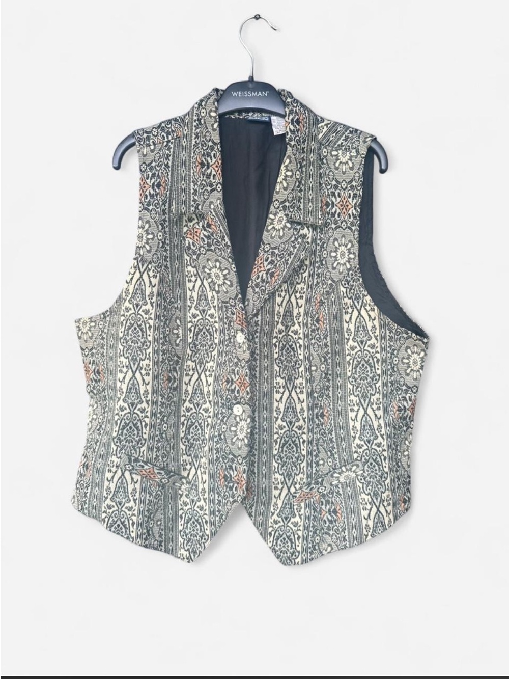 Vintage Honors 80’s/90’s Printed Brocade Vest in Cream, Black & Brown